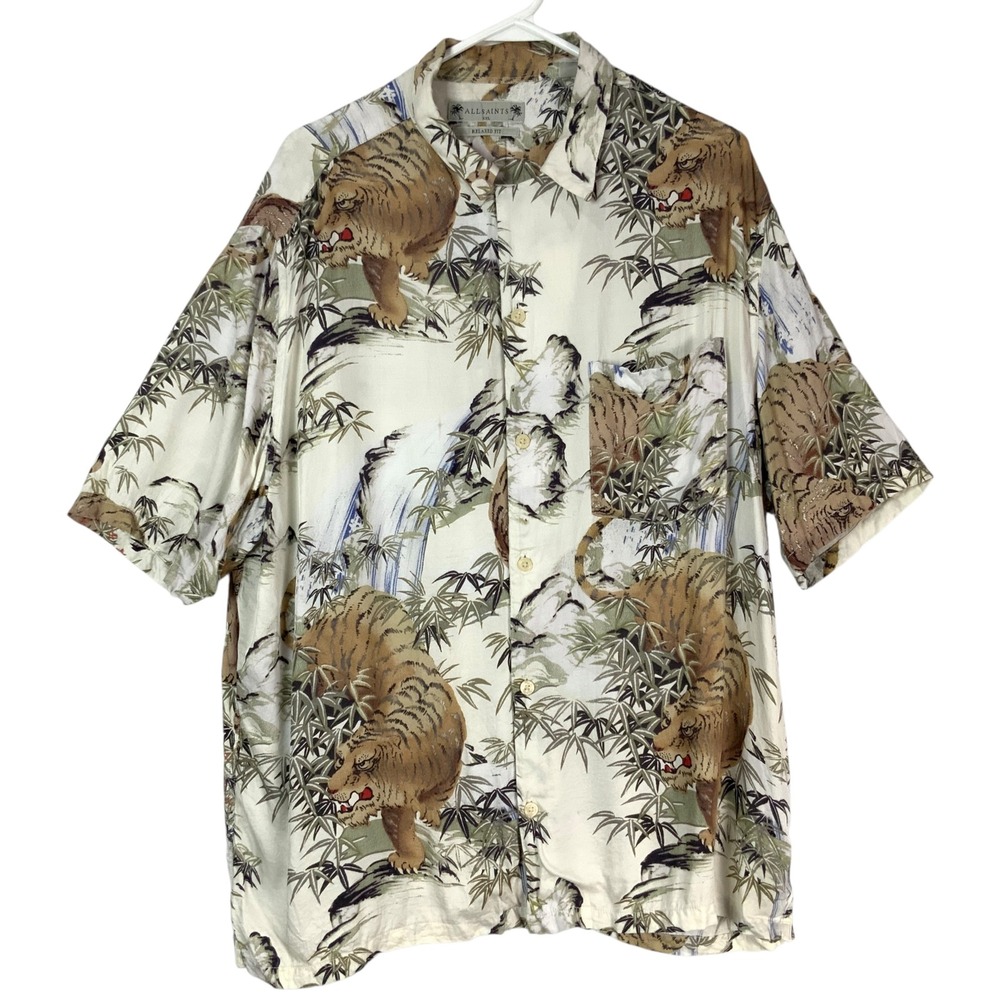 AllSaints Relaxed Fit Off-White Tiger Print Button Up Shirt XXL Short Sleeve